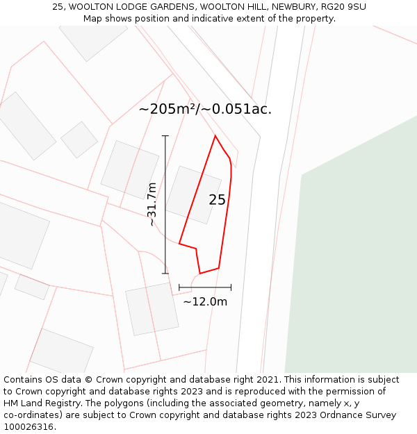 25, WOOLTON LODGE GARDENS, WOOLTON HILL, NEWBURY, RG20 9SU: Plot and title map