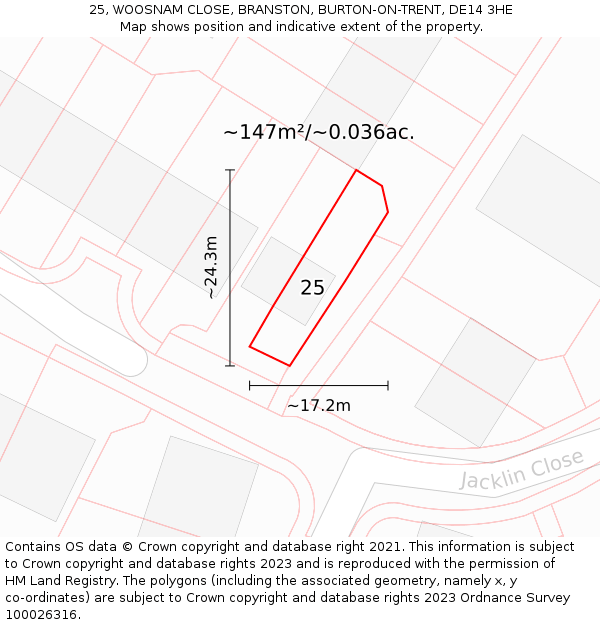 25, WOOSNAM CLOSE, BRANSTON, BURTON-ON-TRENT, DE14 3HE: Plot and title map