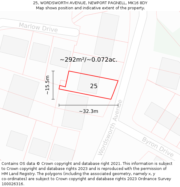 25, WORDSWORTH AVENUE, NEWPORT PAGNELL, MK16 8DY: Plot and title map