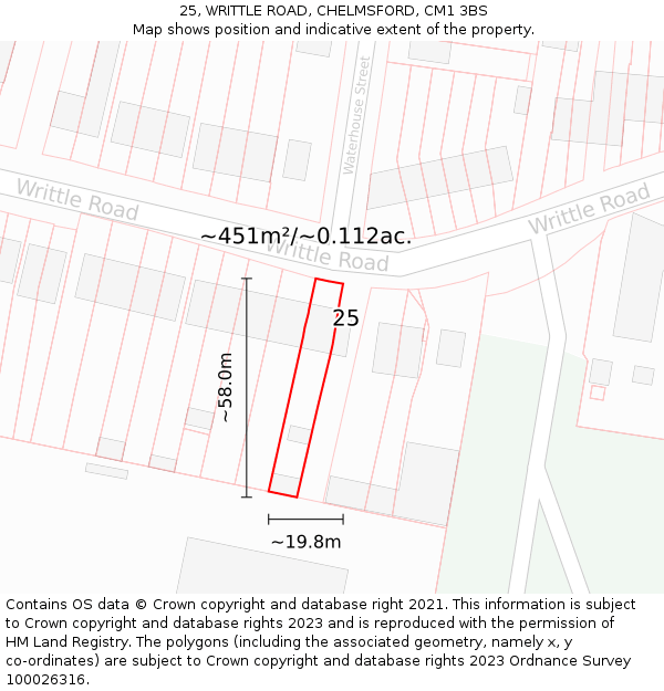 25, WRITTLE ROAD, CHELMSFORD, CM1 3BS: Plot and title map