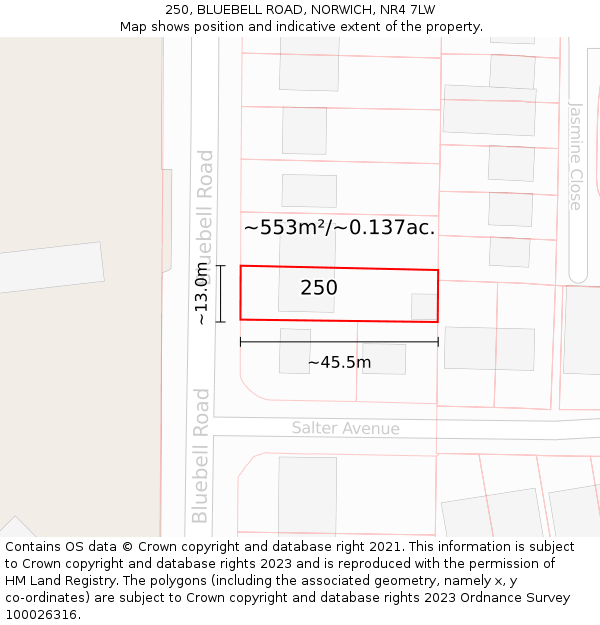 250, BLUEBELL ROAD, NORWICH, NR4 7LW: Plot and title map