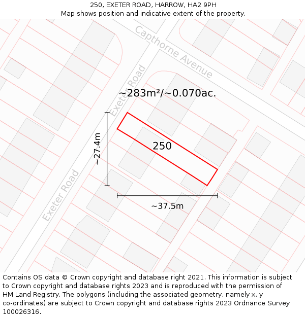 250, EXETER ROAD, HARROW, HA2 9PH: Plot and title map