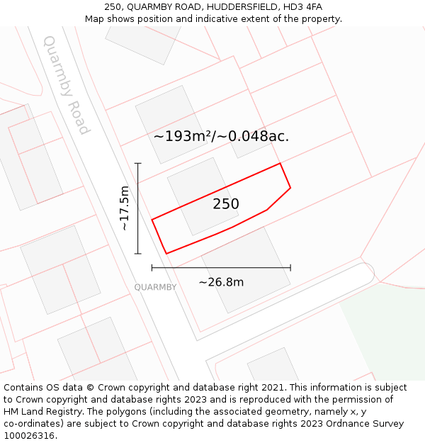 250, QUARMBY ROAD, HUDDERSFIELD, HD3 4FA: Plot and title map