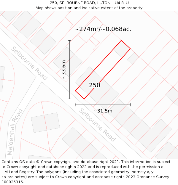 250, SELBOURNE ROAD, LUTON, LU4 8LU: Plot and title map