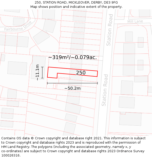 250, STATION ROAD, MICKLEOVER, DERBY, DE3 9FG: Plot and title map