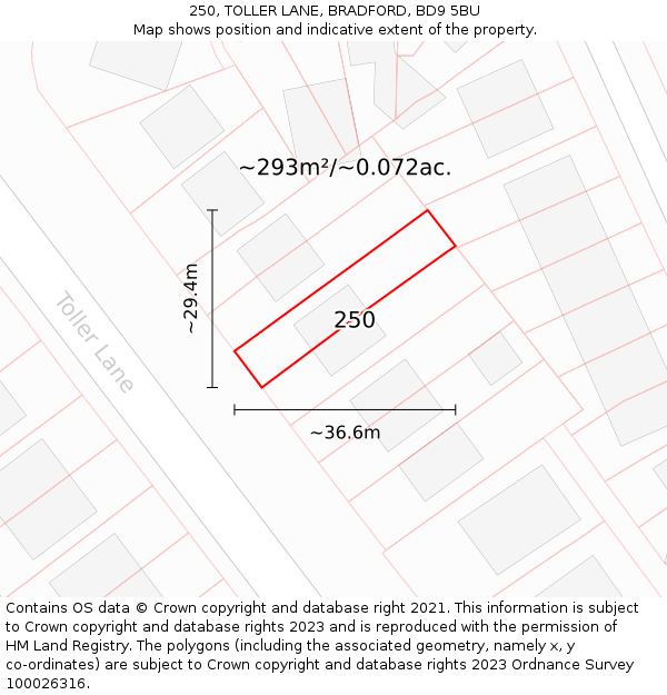 250, TOLLER LANE, BRADFORD, BD9 5BU: Plot and title map