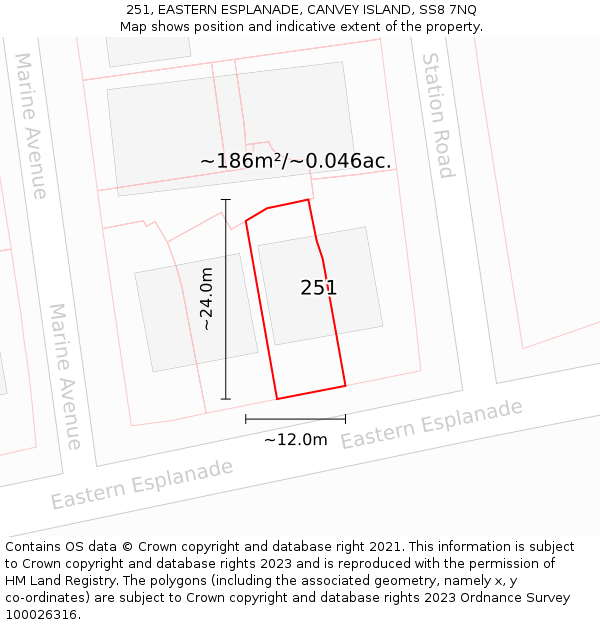 251, EASTERN ESPLANADE, CANVEY ISLAND, SS8 7NQ: Plot and title map