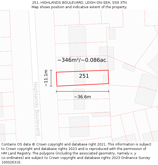 251, HIGHLANDS BOULEVARD, LEIGH-ON-SEA, SS9 3TN: Plot and title map