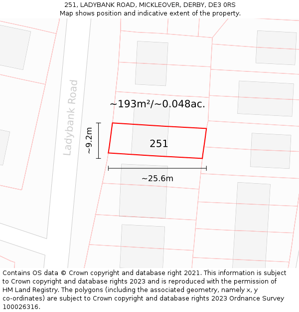 251, LADYBANK ROAD, MICKLEOVER, DERBY, DE3 0RS: Plot and title map