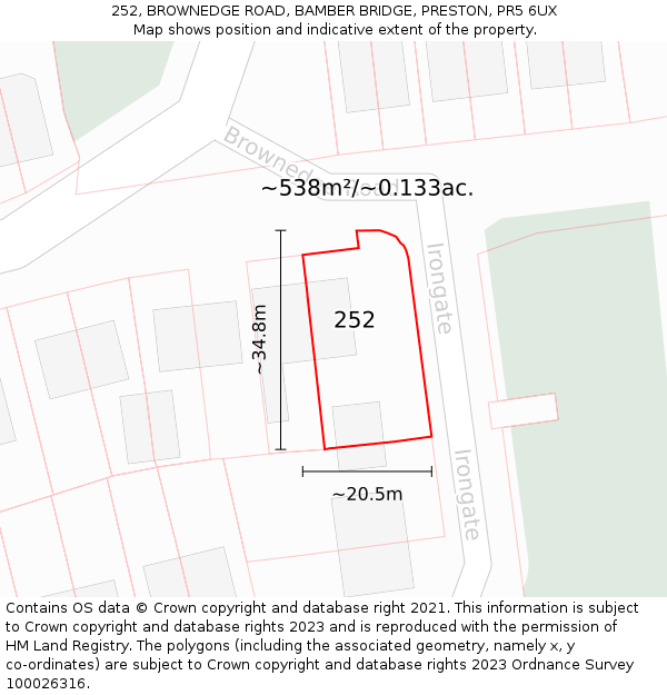 252, BROWNEDGE ROAD, BAMBER BRIDGE, PRESTON, PR5 6UX: Plot and title map