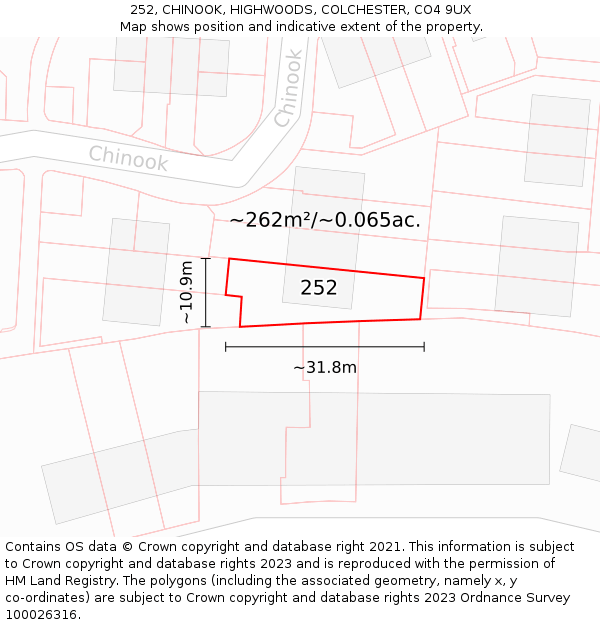 252, CHINOOK, HIGHWOODS, COLCHESTER, CO4 9UX: Plot and title map