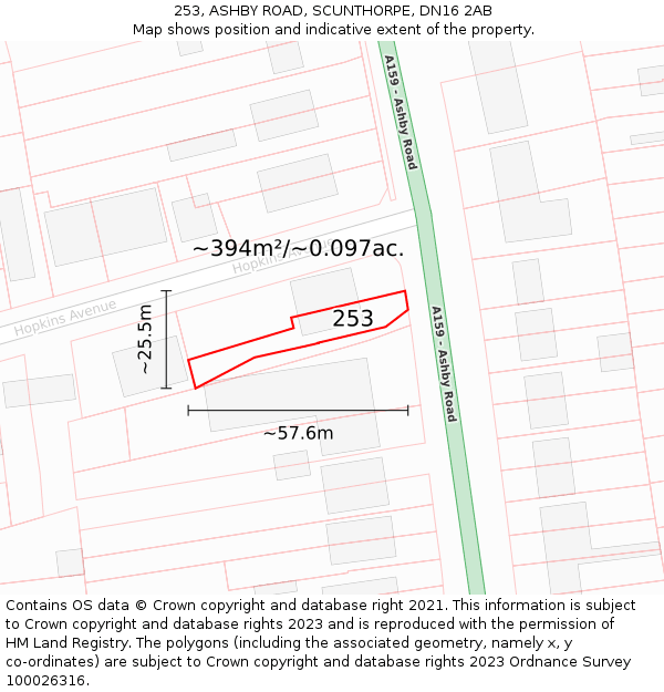 253, ASHBY ROAD, SCUNTHORPE, DN16 2AB: Plot and title map