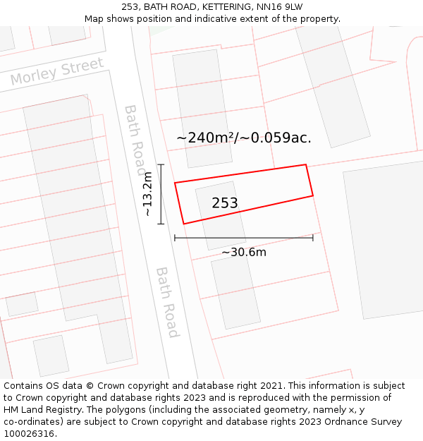 253, BATH ROAD, KETTERING, NN16 9LW: Plot and title map
