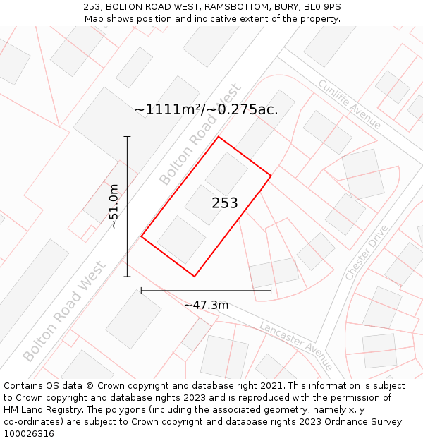 253, BOLTON ROAD WEST, RAMSBOTTOM, BURY, BL0 9PS: Plot and title map