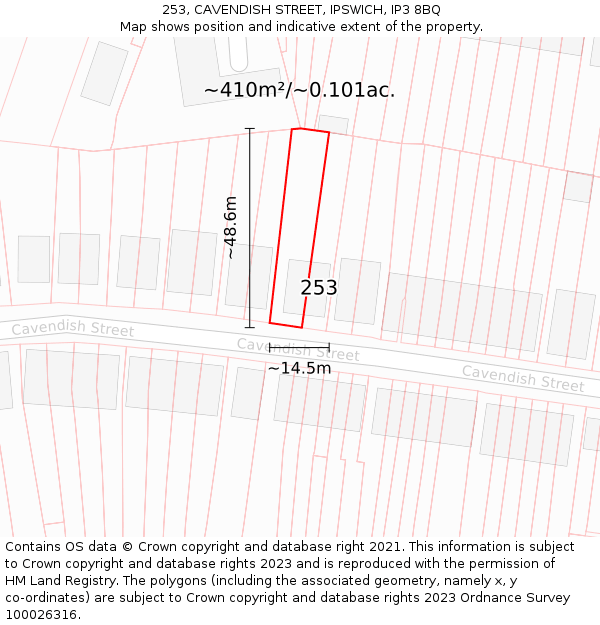 253, CAVENDISH STREET, IPSWICH, IP3 8BQ: Plot and title map