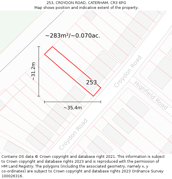 253, CROYDON ROAD, CATERHAM, CR3 6PG: Plot and title map