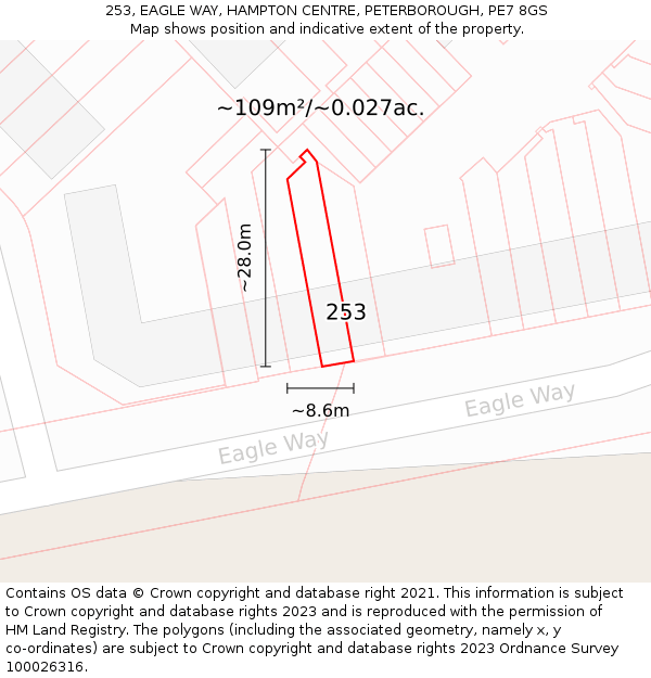 253, EAGLE WAY, HAMPTON CENTRE, PETERBOROUGH, PE7 8GS: Plot and title map