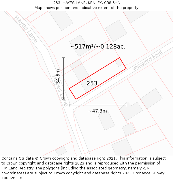 253, HAYES LANE, KENLEY, CR8 5HN: Plot and title map