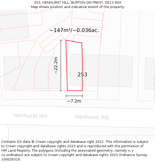 253, HENHURST HILL, BURTON-ON-TRENT, DE13 9SX: Plot and title map