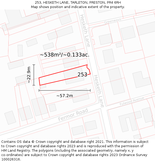 253, HESKETH LANE, TARLETON, PRESTON, PR4 6RH: Plot and title map