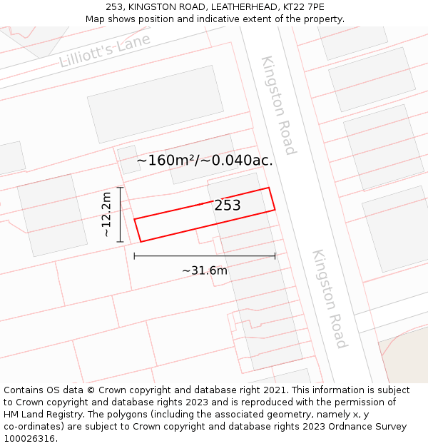 253, KINGSTON ROAD, LEATHERHEAD, KT22 7PE: Plot and title map