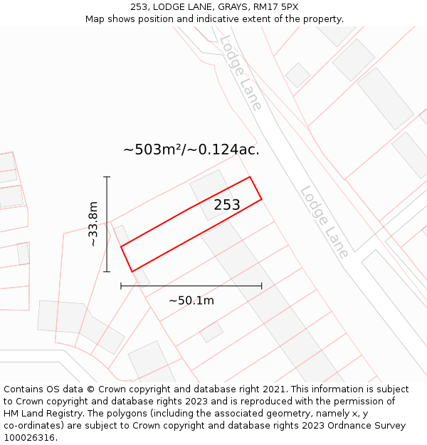 253, LODGE LANE, GRAYS, RM17 5PX: Plot and title map
