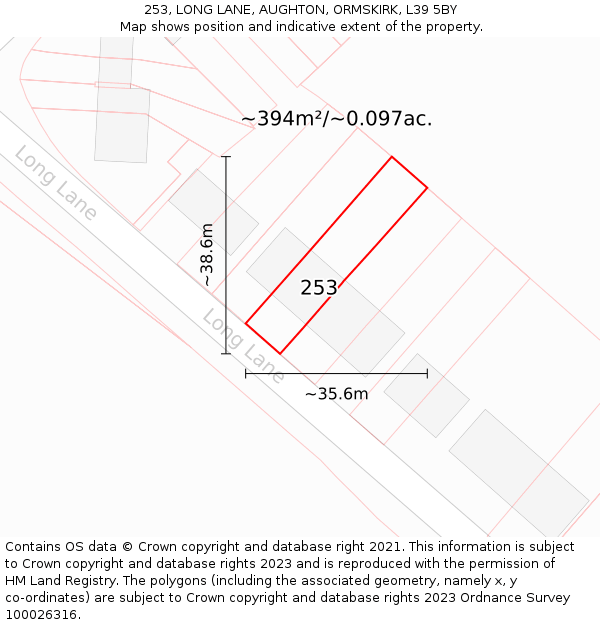 253, LONG LANE, AUGHTON, ORMSKIRK, L39 5BY: Plot and title map