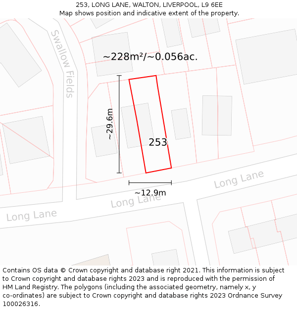 253, LONG LANE, WALTON, LIVERPOOL, L9 6EE: Plot and title map