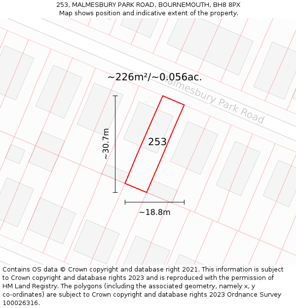 253, MALMESBURY PARK ROAD, BOURNEMOUTH, BH8 8PX: Plot and title map