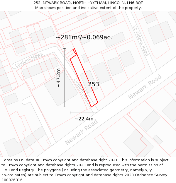253, NEWARK ROAD, NORTH HYKEHAM, LINCOLN, LN6 8QE: Plot and title map
