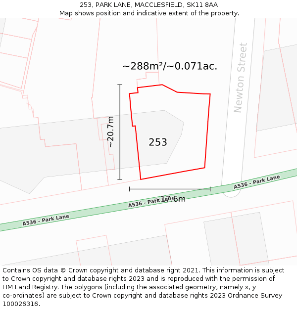 253, PARK LANE, MACCLESFIELD, SK11 8AA: Plot and title map