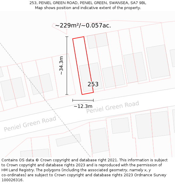 253, PENIEL GREEN ROAD, PENIEL GREEN, SWANSEA, SA7 9BL: Plot and title map