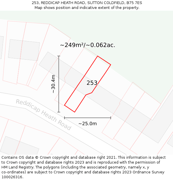 253, REDDICAP HEATH ROAD, SUTTON COLDFIELD, B75 7ES: Plot and title map