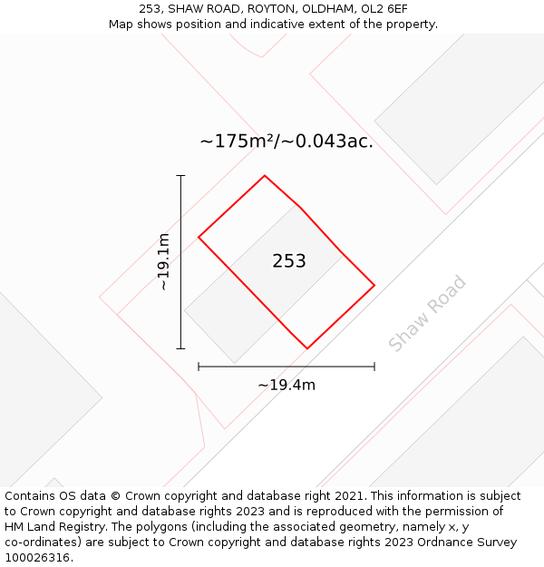 253, SHAW ROAD, ROYTON, OLDHAM, OL2 6EF: Plot and title map