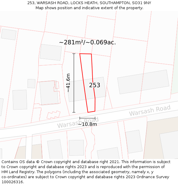 253, WARSASH ROAD, LOCKS HEATH, SOUTHAMPTON, SO31 9NY: Plot and title map