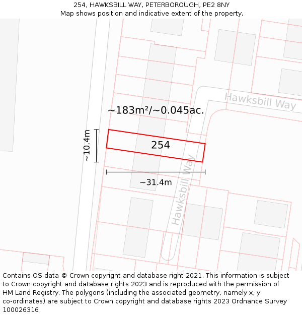 254, HAWKSBILL WAY, PETERBOROUGH, PE2 8NY: Plot and title map