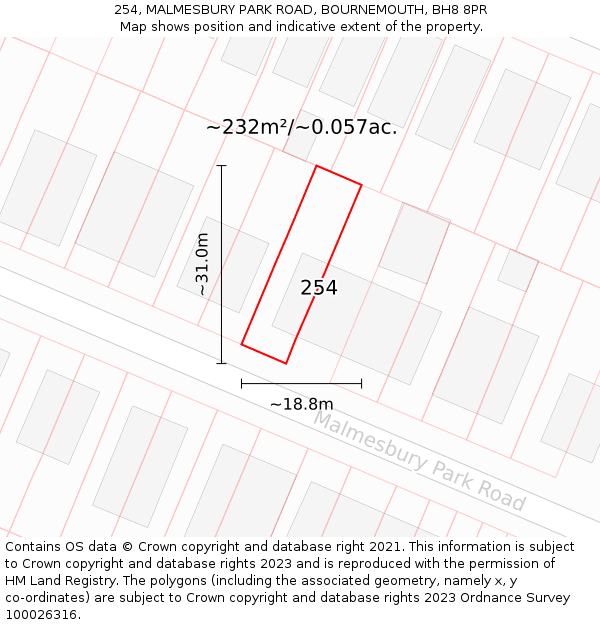 254, MALMESBURY PARK ROAD, BOURNEMOUTH, BH8 8PR: Plot and title map