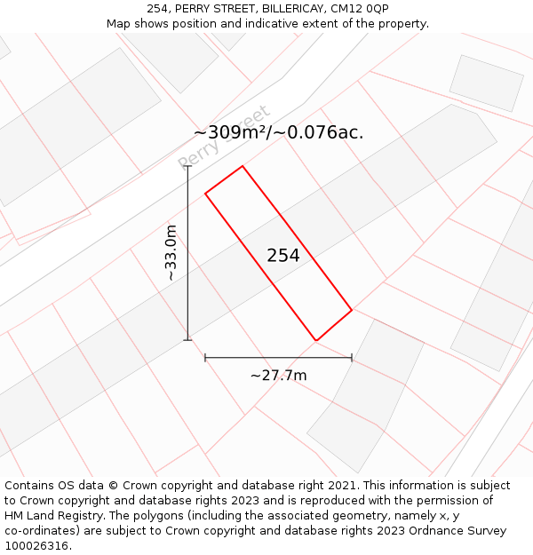 254, PERRY STREET, BILLERICAY, CM12 0QP: Plot and title map