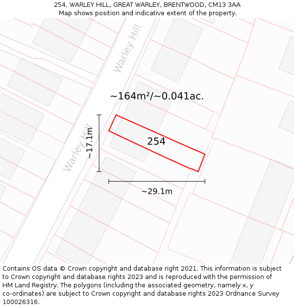 254, WARLEY HILL, GREAT WARLEY, BRENTWOOD, CM13 3AA: Plot and title map