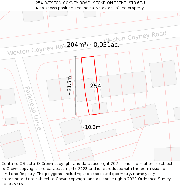 254, WESTON COYNEY ROAD, STOKE-ON-TRENT, ST3 6EU: Plot and title map