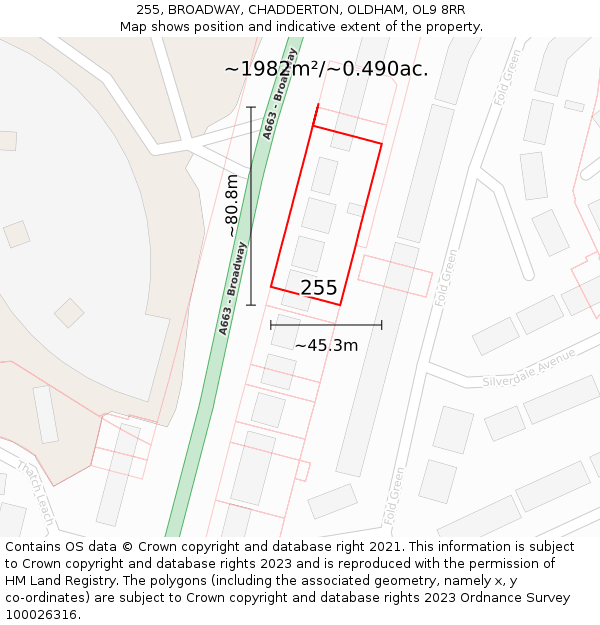 255, BROADWAY, CHADDERTON, OLDHAM, OL9 8RR: Plot and title map