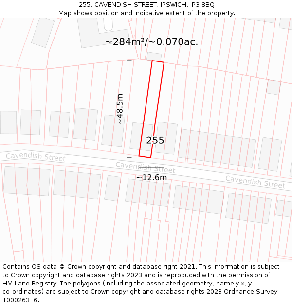 255, CAVENDISH STREET, IPSWICH, IP3 8BQ: Plot and title map