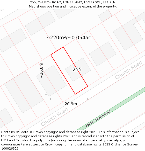 255, CHURCH ROAD, LITHERLAND, LIVERPOOL, L21 7LN: Plot and title map