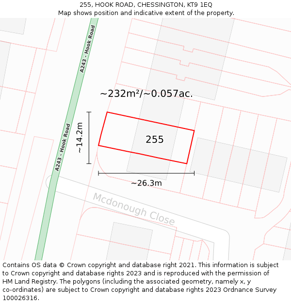 255, HOOK ROAD, CHESSINGTON, KT9 1EQ: Plot and title map