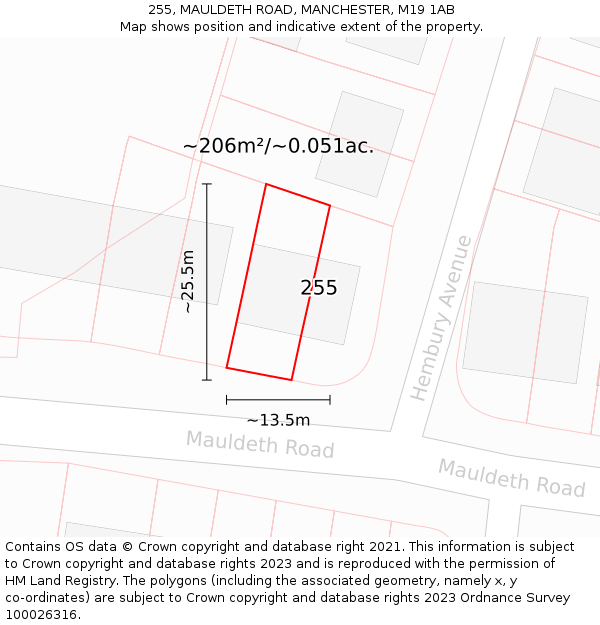 255, MAULDETH ROAD, MANCHESTER, M19 1AB: Plot and title map