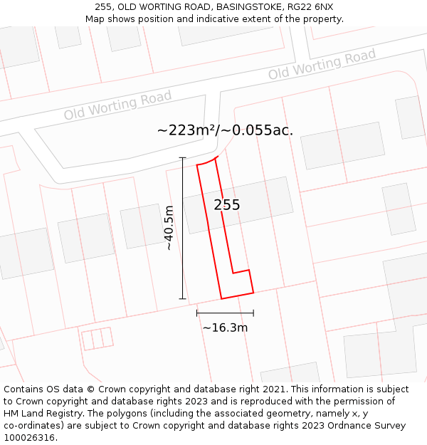 255, OLD WORTING ROAD, BASINGSTOKE, RG22 6NX: Plot and title map