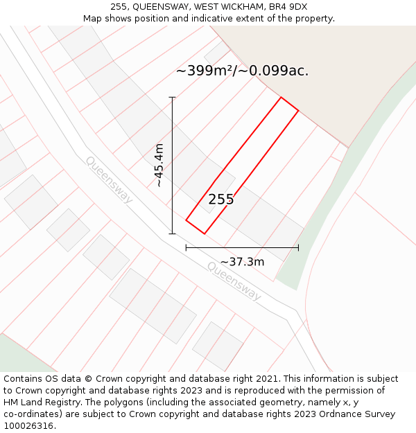 255, QUEENSWAY, WEST WICKHAM, BR4 9DX: Plot and title map