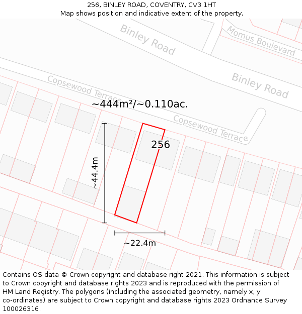 256, BINLEY ROAD, COVENTRY, CV3 1HT: Plot and title map