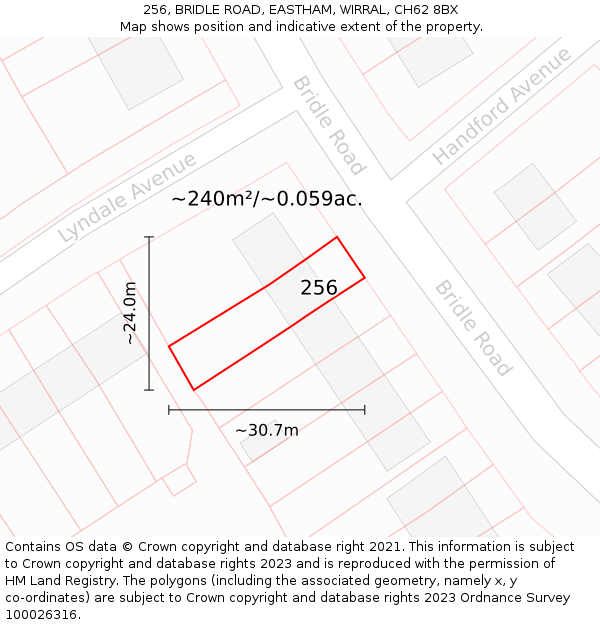 256, BRIDLE ROAD, EASTHAM, WIRRAL, CH62 8BX: Plot and title map