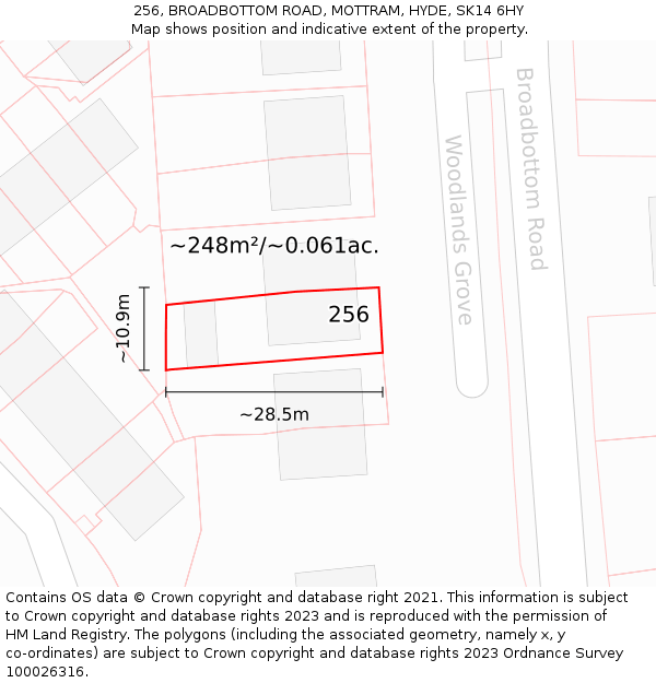 256, BROADBOTTOM ROAD, MOTTRAM, HYDE, SK14 6HY: Plot and title map